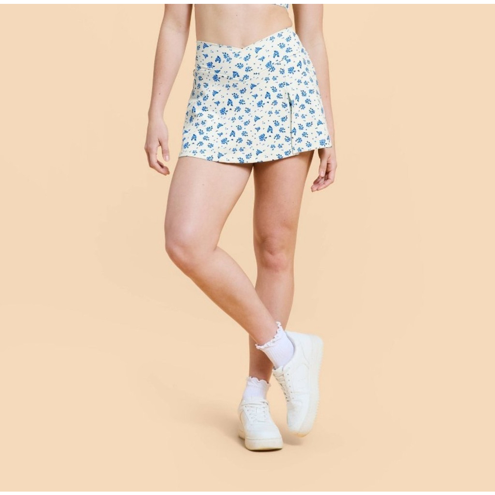 Blogilates Criss Cross Slit High Rise Skort Skirt Blue Floral Medium NEW Popflex